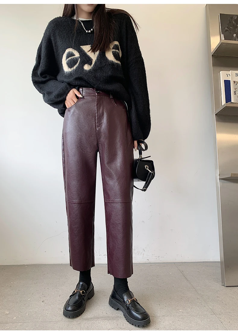 Seoulish Autumn Winter PU Faux Leather Women's Wide Leg Pants High Waist Female Casual Loose Ankle Length Trousers 2023 New