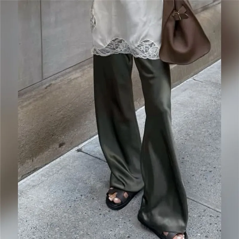Women Satin Wide Leg Flowy Pants Silk Casual Dressy Long Dress Pants Elastic Solid Color Satin Pant Waisted Trousers