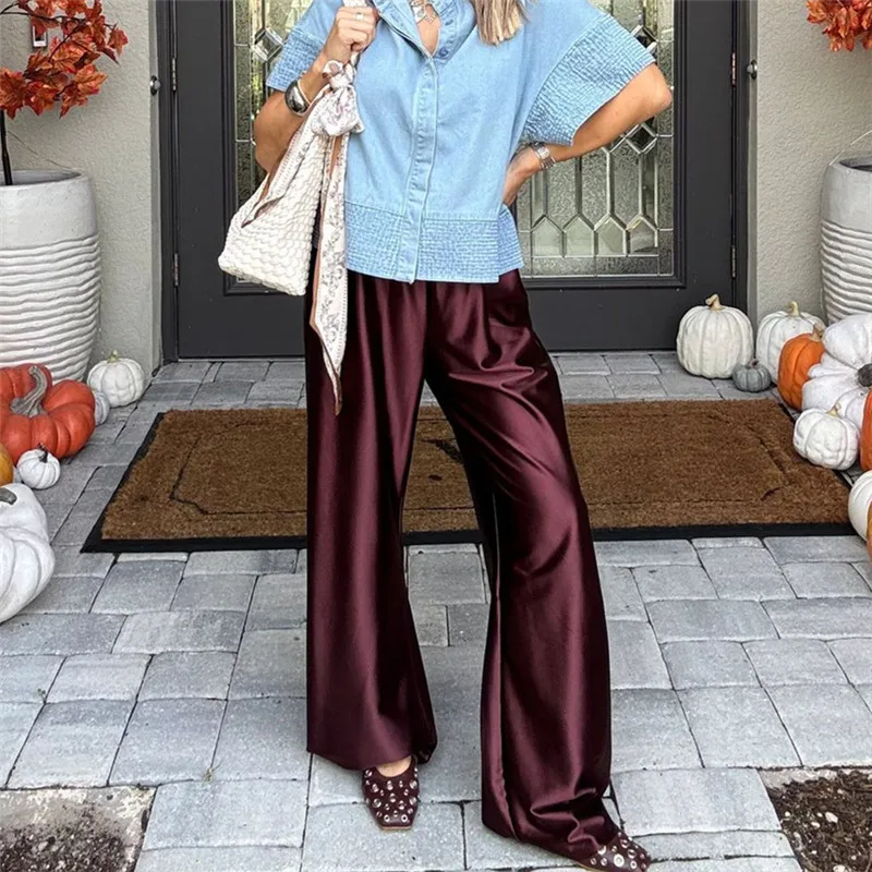 Women Satin Wide Leg Flowy Pants Silk Casual Dressy Long Dress Pants Elastic Solid Color Satin Pant Waisted Trousers