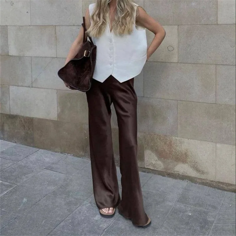 Women Satin Wide Leg Flowy Pants Silk Casual Dressy Long Dress Pants Elastic Solid Color Satin Pant Waisted Trousers