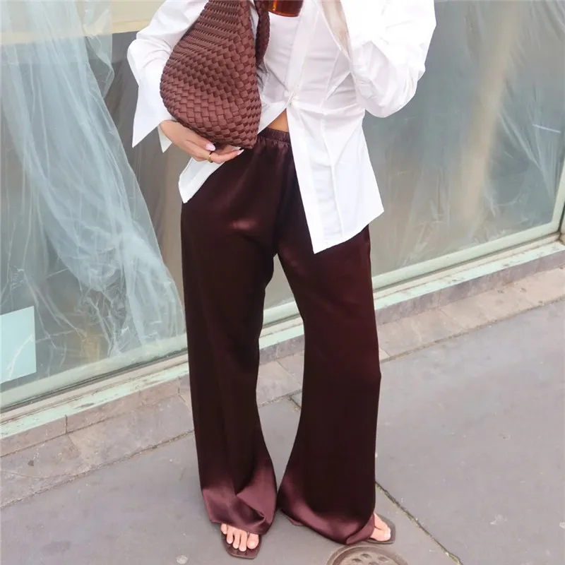Women Satin Wide Leg Flowy Pants Silk Casual Dressy Long Dress Pants Elastic Solid Color Satin Pant Waisted Trousers