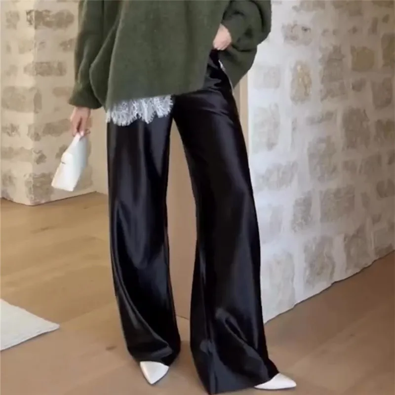 Women Satin Wide Leg Flowy Pants Silk Casual Dressy Long Dress Pants Elastic Solid Color Satin Pant Waisted Trousers