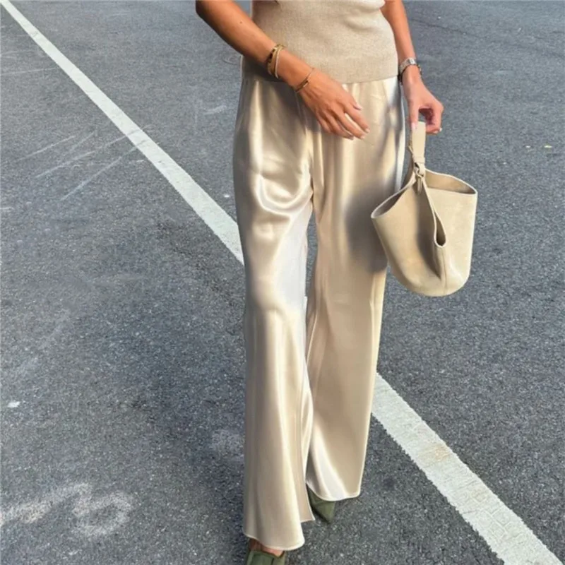 Women Satin Wide Leg Flowy Pants Silk Casual Dressy Long Dress Pants Elastic Solid Color Satin Pant Waisted Trousers