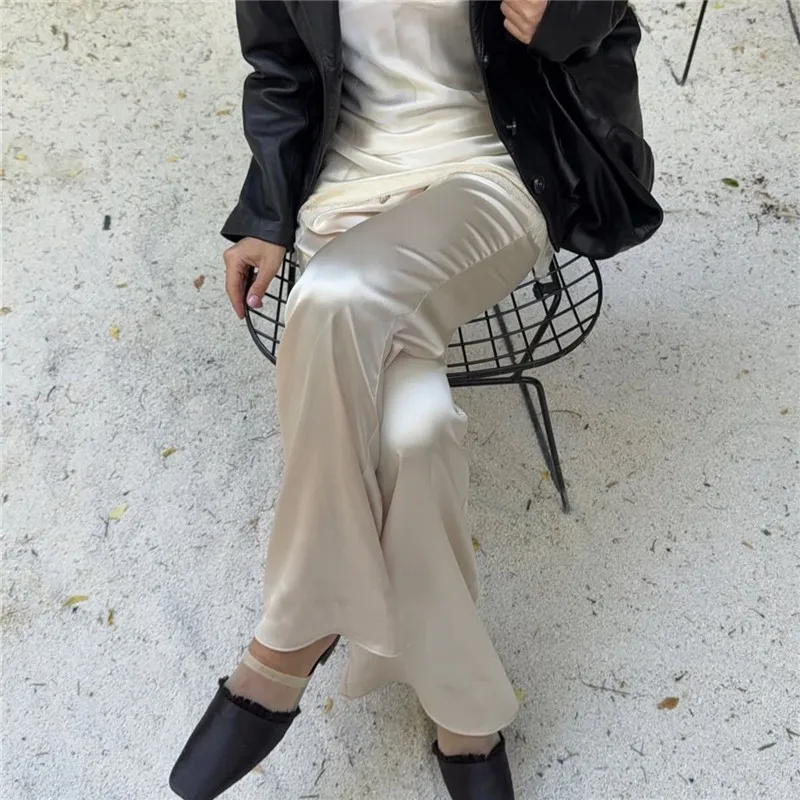 Women Satin Wide Leg Flowy Pants Silk Casual Dressy Long Dress Pants Elastic Solid Color Satin Pant Waisted Trousers