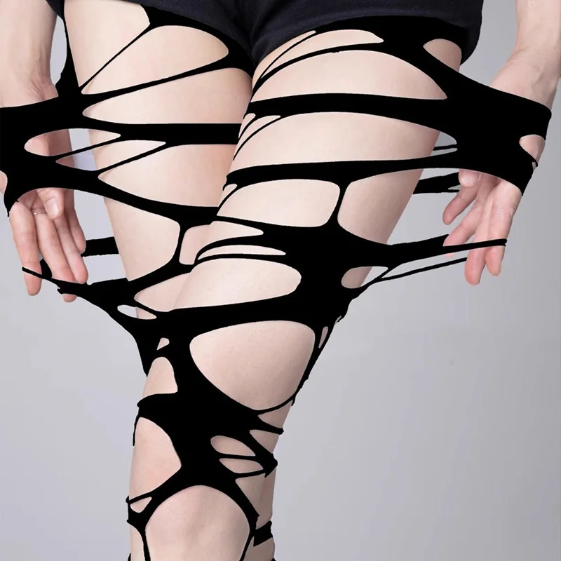 Women Gothic Punk Hollow Out Mesh Pantyhose Sexy Black Ripped Fishnet Tight Stockings Egirl Streetwear Leggings JK Cropped Pants
