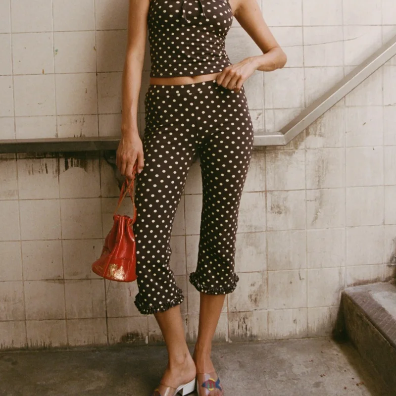 Low Rise Elastic Waist Capri Pants Women Y2k Knee Length Cropped Leggings 00s Summer Dot Print Crop Tights Bottoms Streetwear