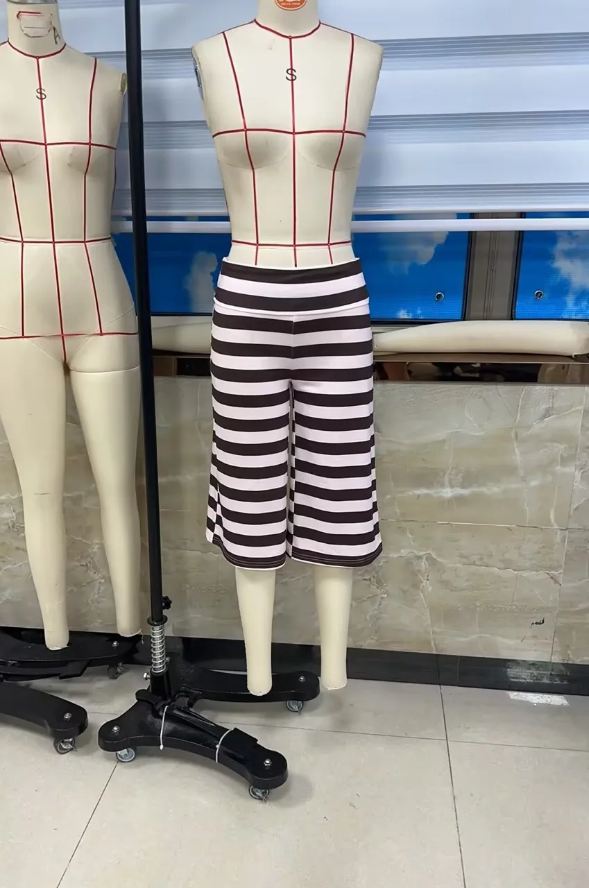 Womens Y2K Striped Fold Over Waist Culottes Vintage Wide Leg Capri Pants Casual Loose Fit Loungewear for Summer Beach Streetwear