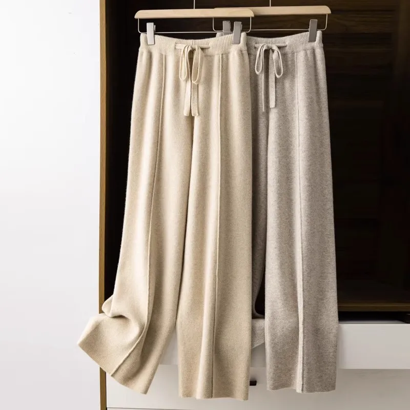 2026 Autumn Winter New  Women's High Waist Belted Pure Color Center Line Wide Leg Pants Casual Versatile Knitted Straight Leg...