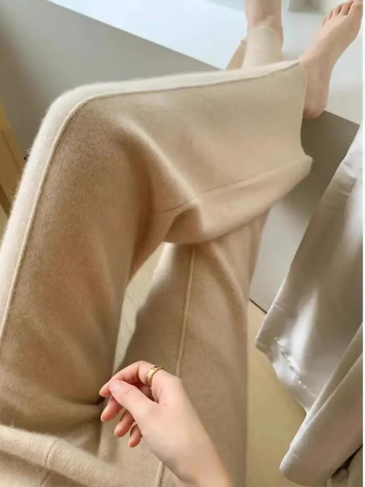 2026 Autumn Winter New  Women's High Waist Belted Pure Color Center Line Wide Leg Pants Casual Versatile Knitted Straight Leg...