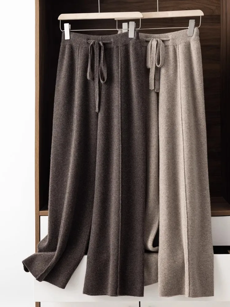 2026 Autumn Winter New  Women's High Waist Belted Pure Color Center Line Wide Leg Pants Casual Versatile Knitted Straight Leg...