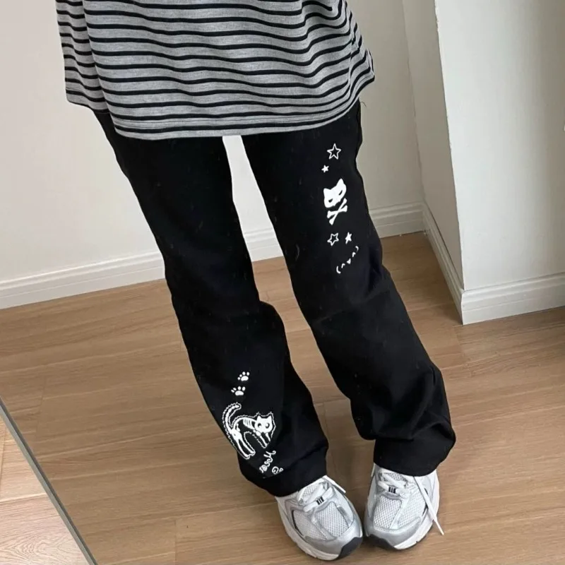 Japanese Y2k Pants Women Streetwear Skull Print Black Pantalon Femme Elastic Waist Casual Fashion Trousers 2025 New Bottoms