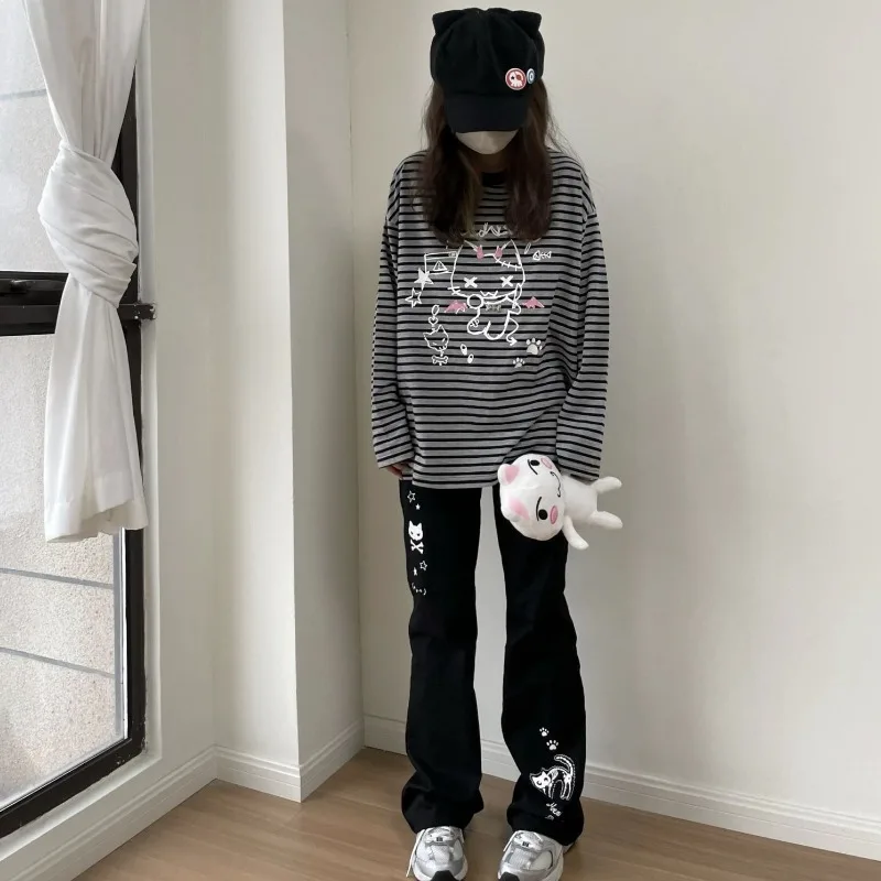 Japanese Y2k Pants Women Streetwear Skull Print Black Pantalon Femme Elastic Waist Casual Fashion Trousers 2025 New Bottoms