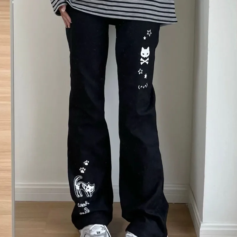 Japanese Y2k Pants Women Streetwear Skull Print Black Pantalon Femme Elastic Waist Casual Fashion Trousers 2025 New Bottoms