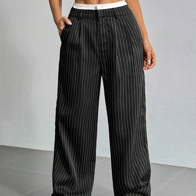 High Waist Stripe Printed Spliced Suit Trousers Women Casual Loose Straight Wide Pants Simple All-Match Draped Full Length Pants