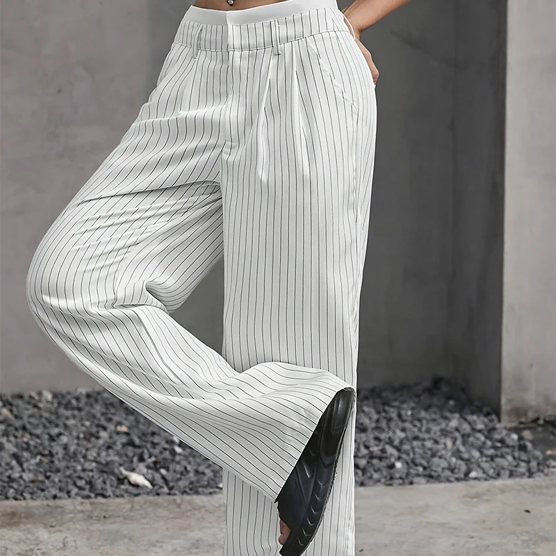 High Waist Stripe Printed Spliced Suit Trousers Women Casual Loose Straight Wide Pants Simple All-Match Draped Full Length Pants