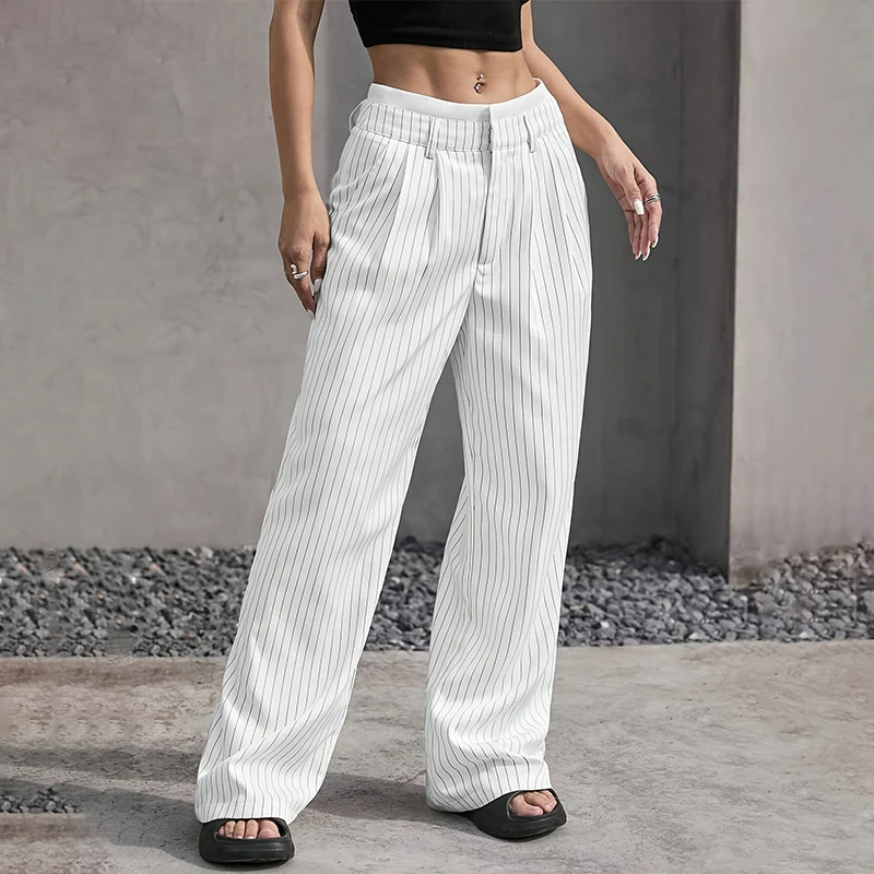 High Waist Stripe Printed Spliced Suit Trousers Women Casual Loose Straight Wide Pants Simple All-Match Draped Full Length Pants