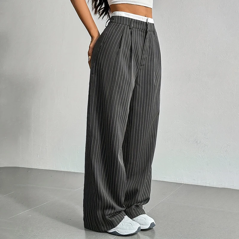 High Waist Stripe Printed Spliced Suit Trousers Women Casual Loose Straight Wide Pants Simple All-Match Draped Full Length Pants