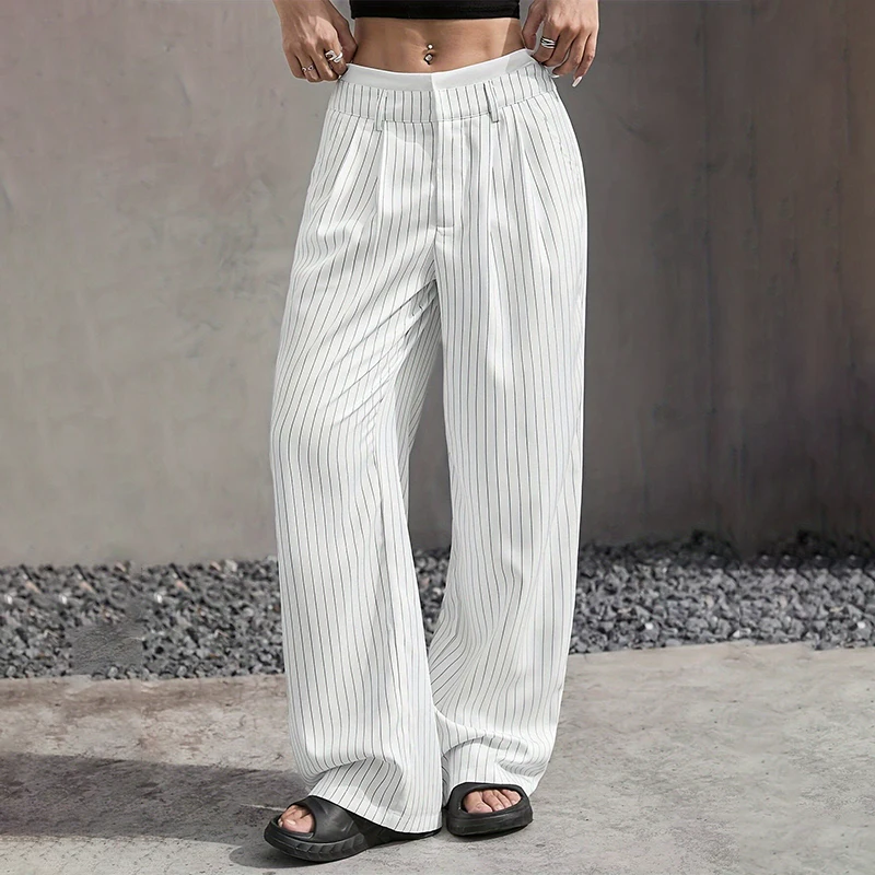 High Waist Stripe Printed Spliced Suit Trousers Women Casual Loose Straight Wide Pants Simple All-Match Draped Full Length Pants