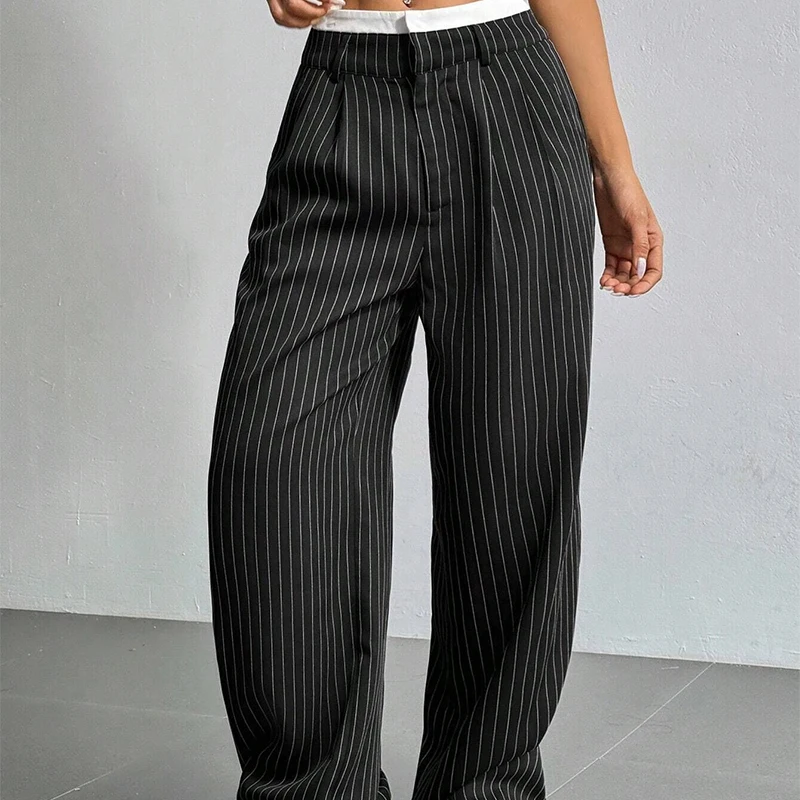 High Waist Stripe Printed Spliced Suit Trousers Women Casual Loose Straight Wide Pants Simple All-Match Draped Full Length Pants