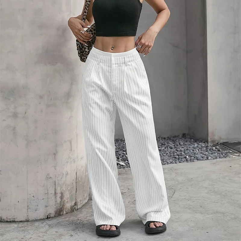 High Waist Stripe Printed Spliced Suit Trousers Women Casual Loose Straight Wide Pants Simple All-Match Draped Full Length Pants
