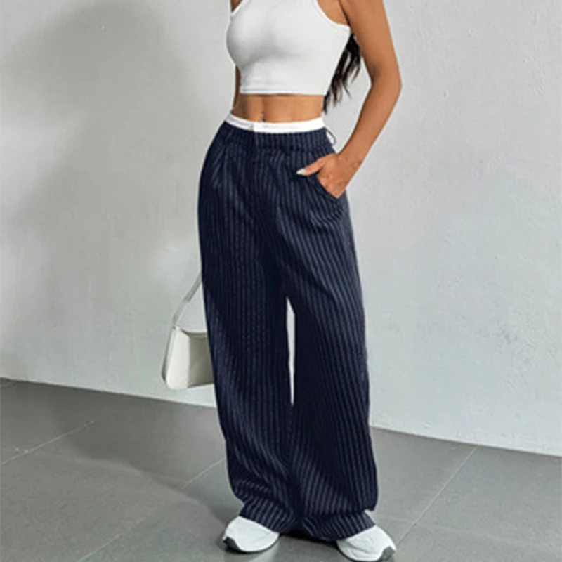 High Waist Stripe Printed Spliced Suit Trousers Women Casual Loose Straight Wide Pants Simple All-Match Draped Full Length Pants