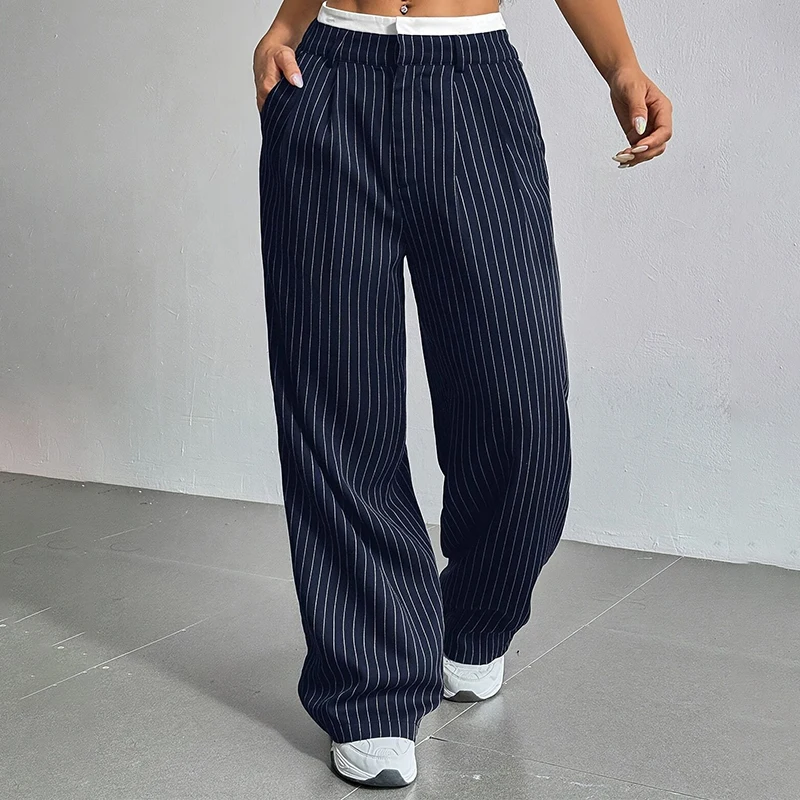 High Waist Stripe Printed Spliced Suit Trousers Women Casual Loose Straight Wide Pants Simple All-Match Draped Full Length Pants