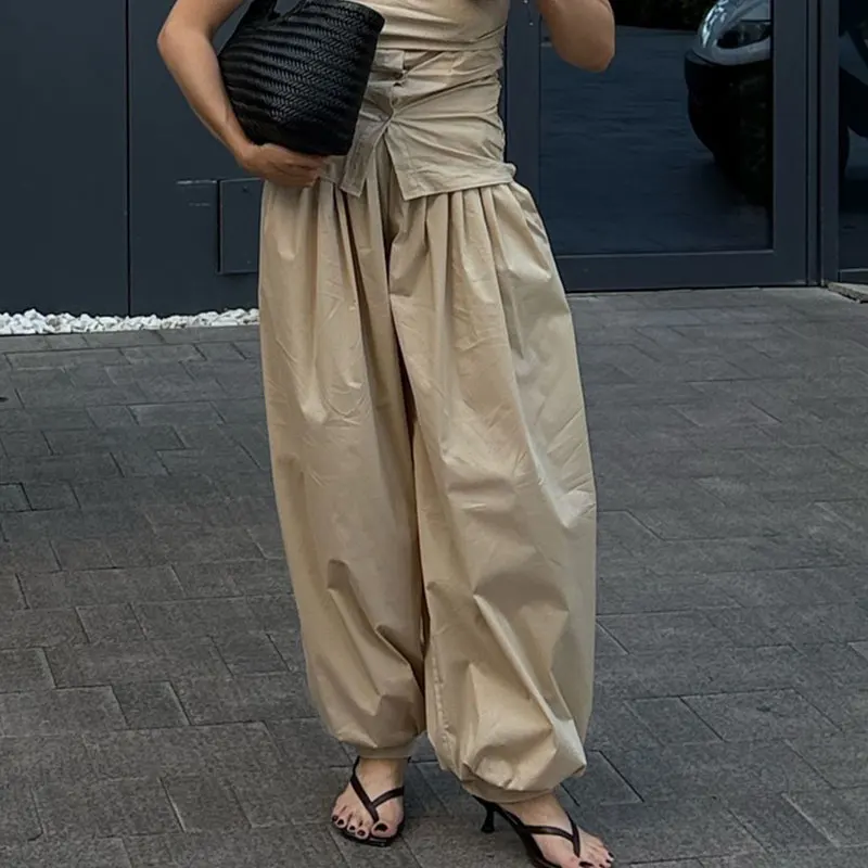 100% Cotton High Quality Women Casual High Waist Bloomers Long Pants Fashion Big Wide Leg Pants Women Clothes Trousers
