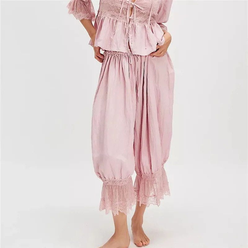 Women Y2K Lace Trim Pants Vintage Pettipants Long Bloomers Pants Under Dress Pantaloons Cute Ruffle Pumpkin Pants
