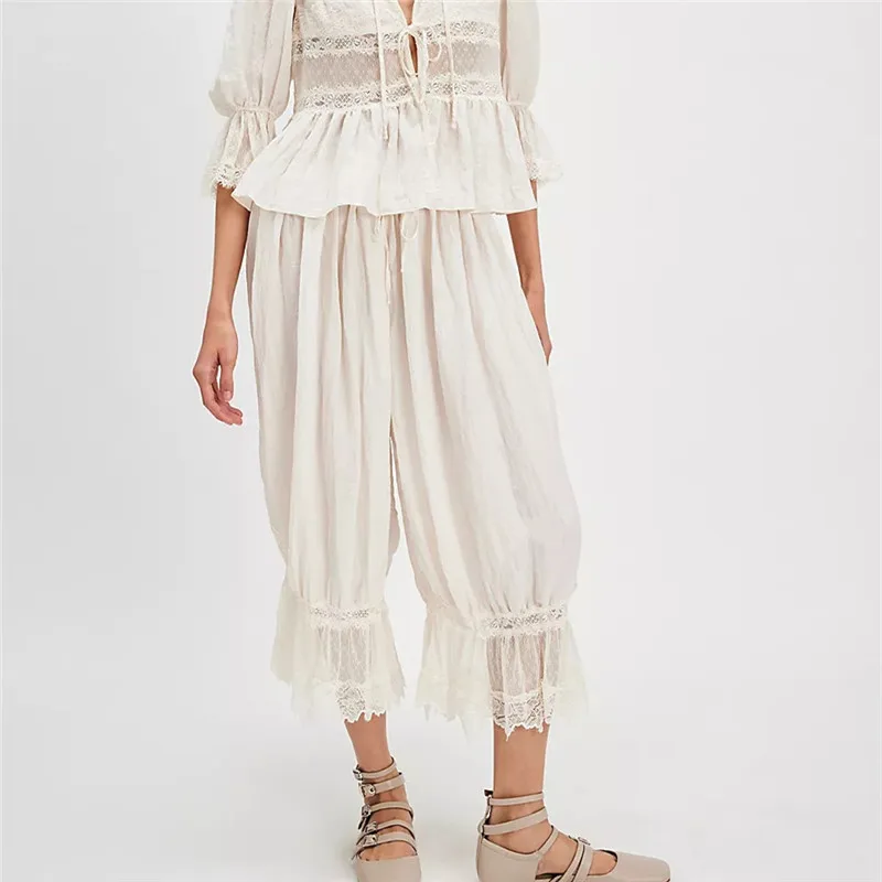 Women Y2K Lace Trim Pants Vintage Pettipants Long Bloomers Pants Under Dress Pantaloons Cute Ruffle Pumpkin Pants