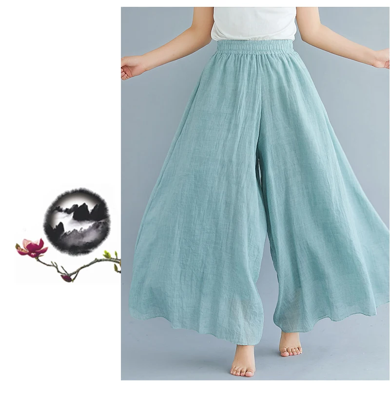 Cotton Linen Wide Leg Pants for Women Summer Casual Loose Pants High Waist Big Swing Skirt Capris Women Clothing PT-565