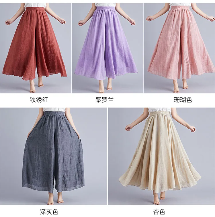 Cotton Linen Wide Leg Pants for Women Summer Casual Loose Pants High Waist Big Swing Skirt Capris Women Clothing PT-565