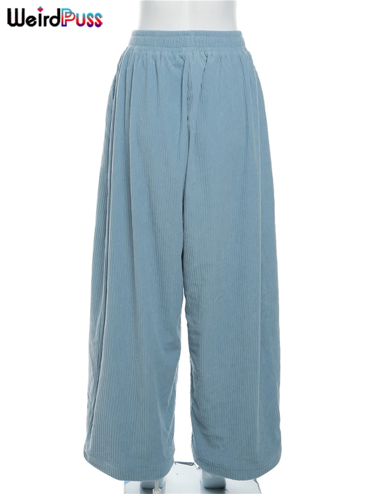 Weird Puss Y2K Casual Wide-Leg Pants Women Autumn Loose Simple Basic Pocket High Waist Trousers Corduroy Streetwear Long Bottoms