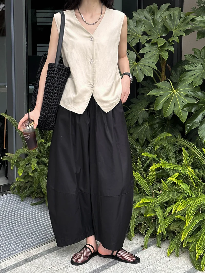 [LANMREM] Minimalism High Waist Bloomers Pants Women Solid Office Lady Fashion Trousers Female Clothes 2025 Summer New 26D9690