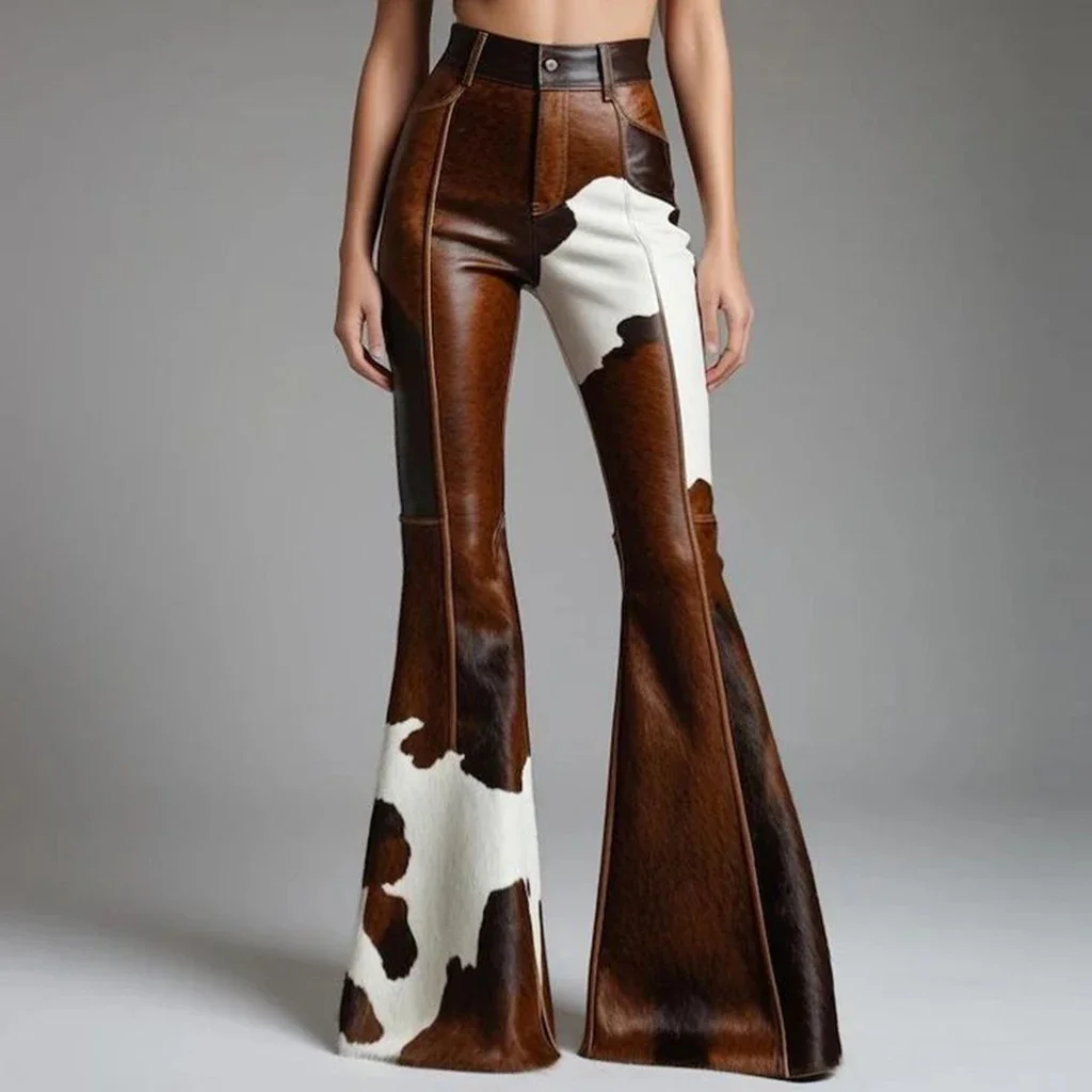 Women's Cow Pattern Leather PU Flare Pant High Waist Slim Faux Leather Trousers High Street Fashion Casual Capris 2025