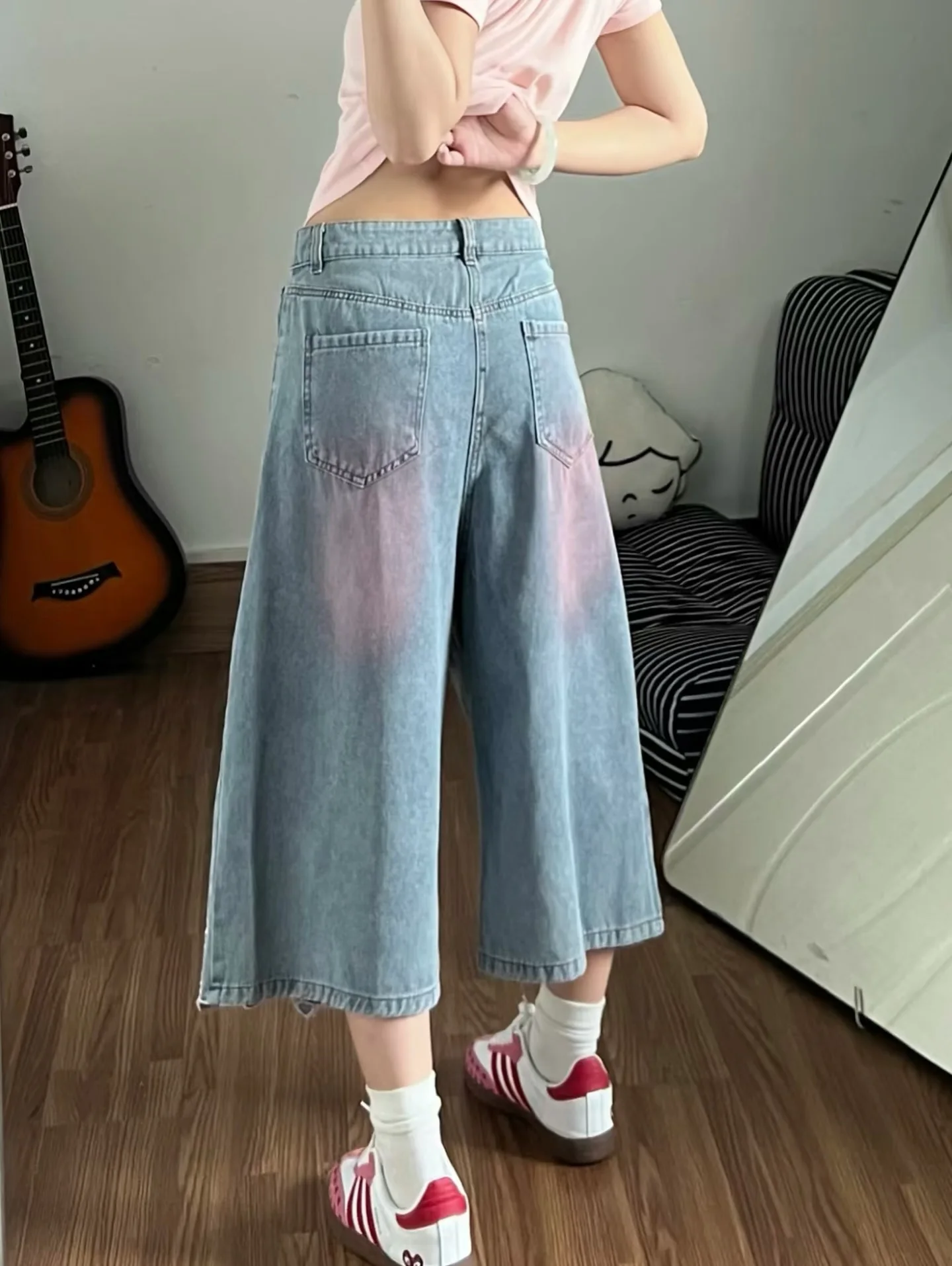 Women High Waist Cute Cartoon Cat Embroidery Jeans Girls Vintage Y2k Clothes Calf Length Denim Pants Harajuku Blue Streetwear