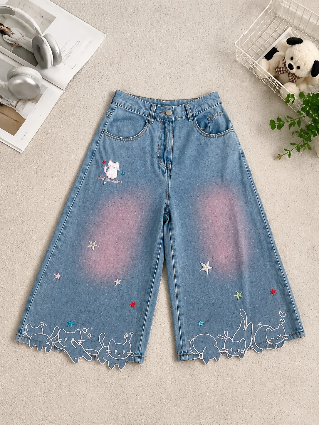 Women High Waist Cute Cartoon Cat Embroidery Jeans Girls Vintage Y2k Clothes Calf Length Denim Pants Harajuku Blue Streetwear