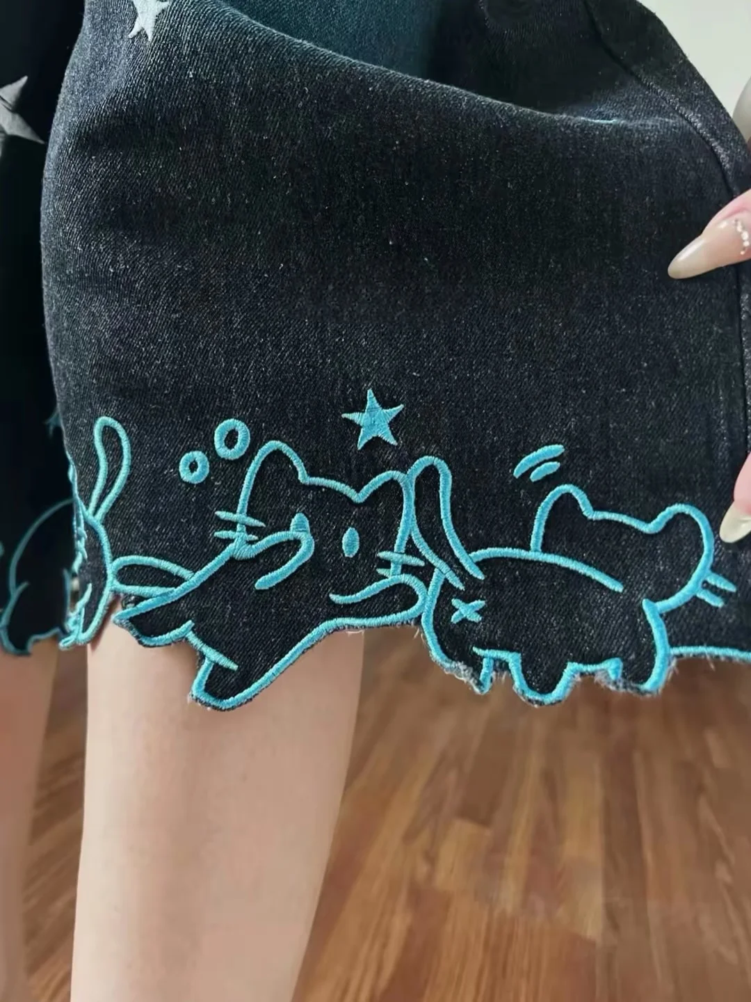 Women High Waist Cute Cartoon Cat Embroidery Jeans Girls Vintage Y2k Clothes Calf Length Denim Pants Harajuku Blue Streetwear