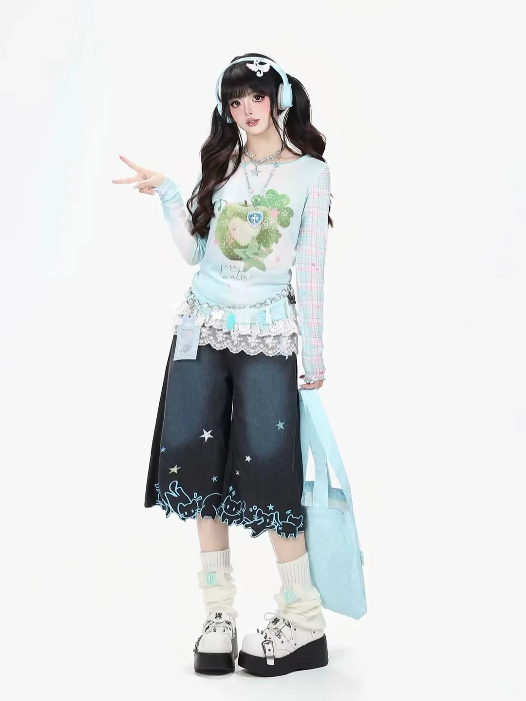 Women High Waist Cute Cartoon Cat Embroidery Jeans Girls Vintage Y2k Clothes Calf Length Denim Pants Harajuku Blue Streetwear