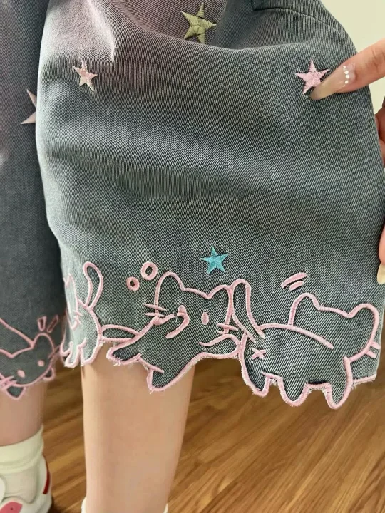 Women High Waist Cute Cartoon Cat Embroidery Jeans Girls Vintage Y2k Clothes Calf Length Denim Pants Harajuku Blue Streetwear