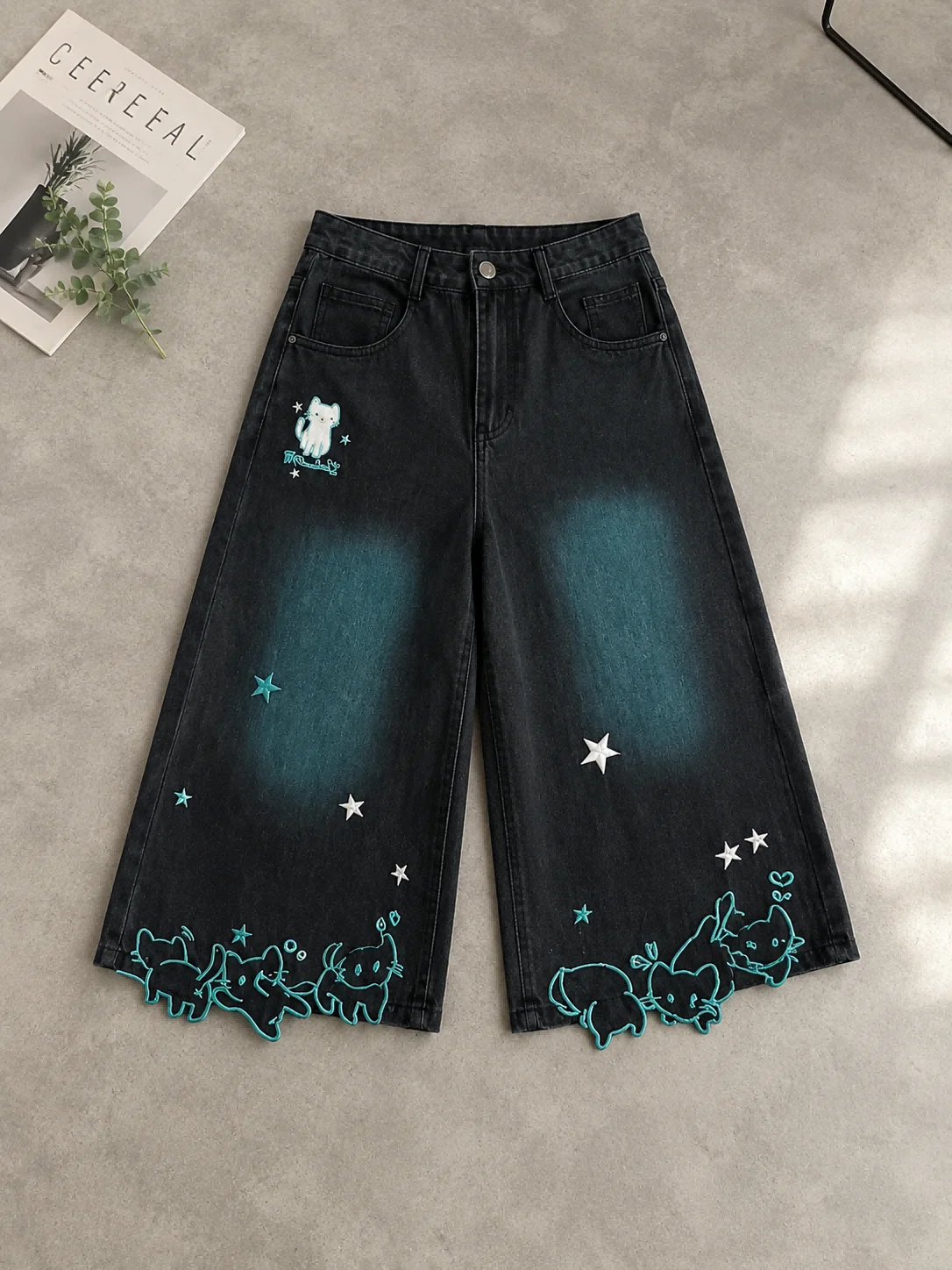 Women High Waist Cute Cartoon Cat Embroidery Jeans Girls Vintage Y2k Clothes Calf Length Denim Pants Harajuku Blue Streetwear
