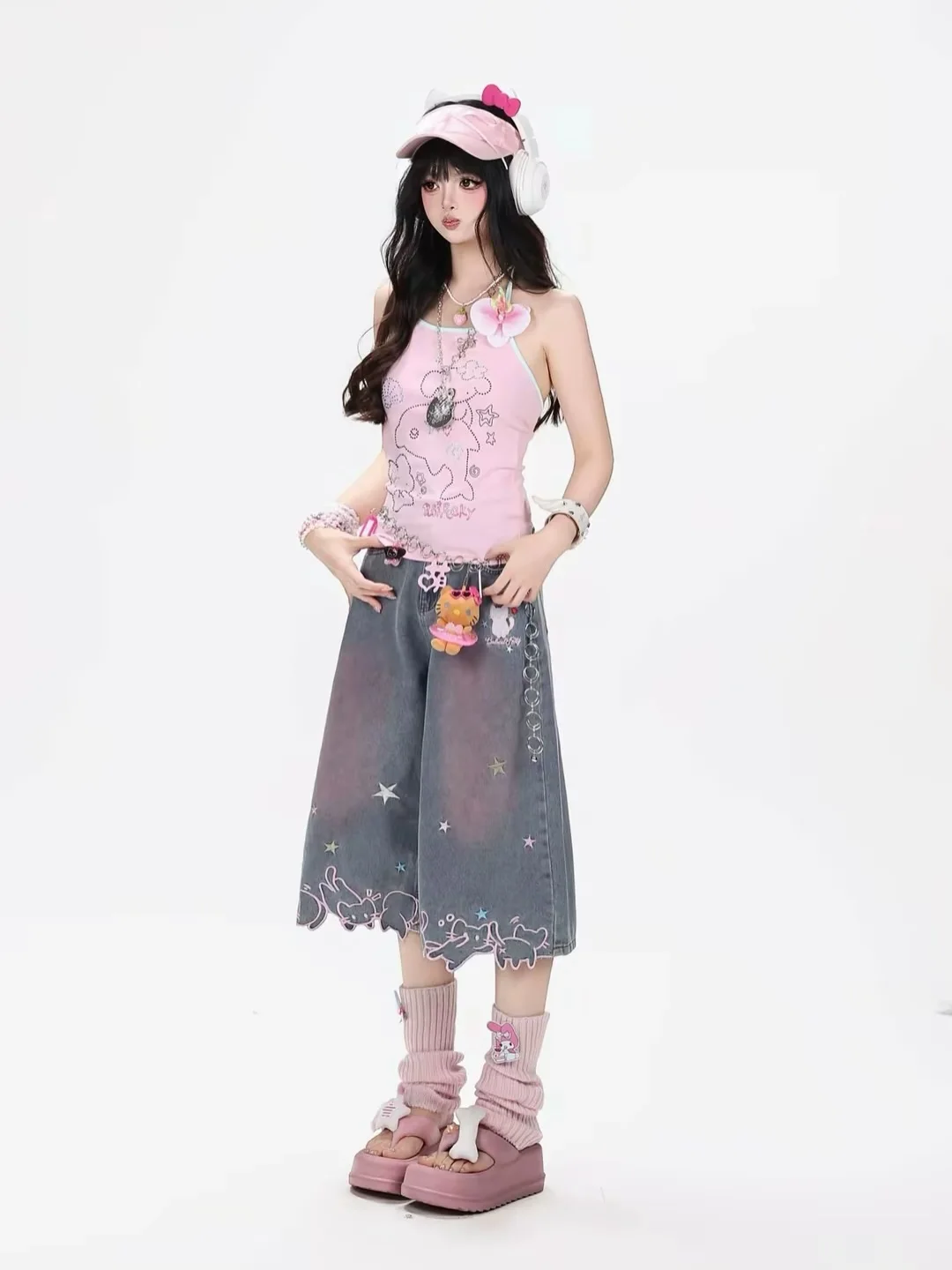 Women High Waist Cute Cartoon Cat Embroidery Jeans Girls Vintage Y2k Clothes Calf Length Denim Pants Harajuku Blue Streetwear