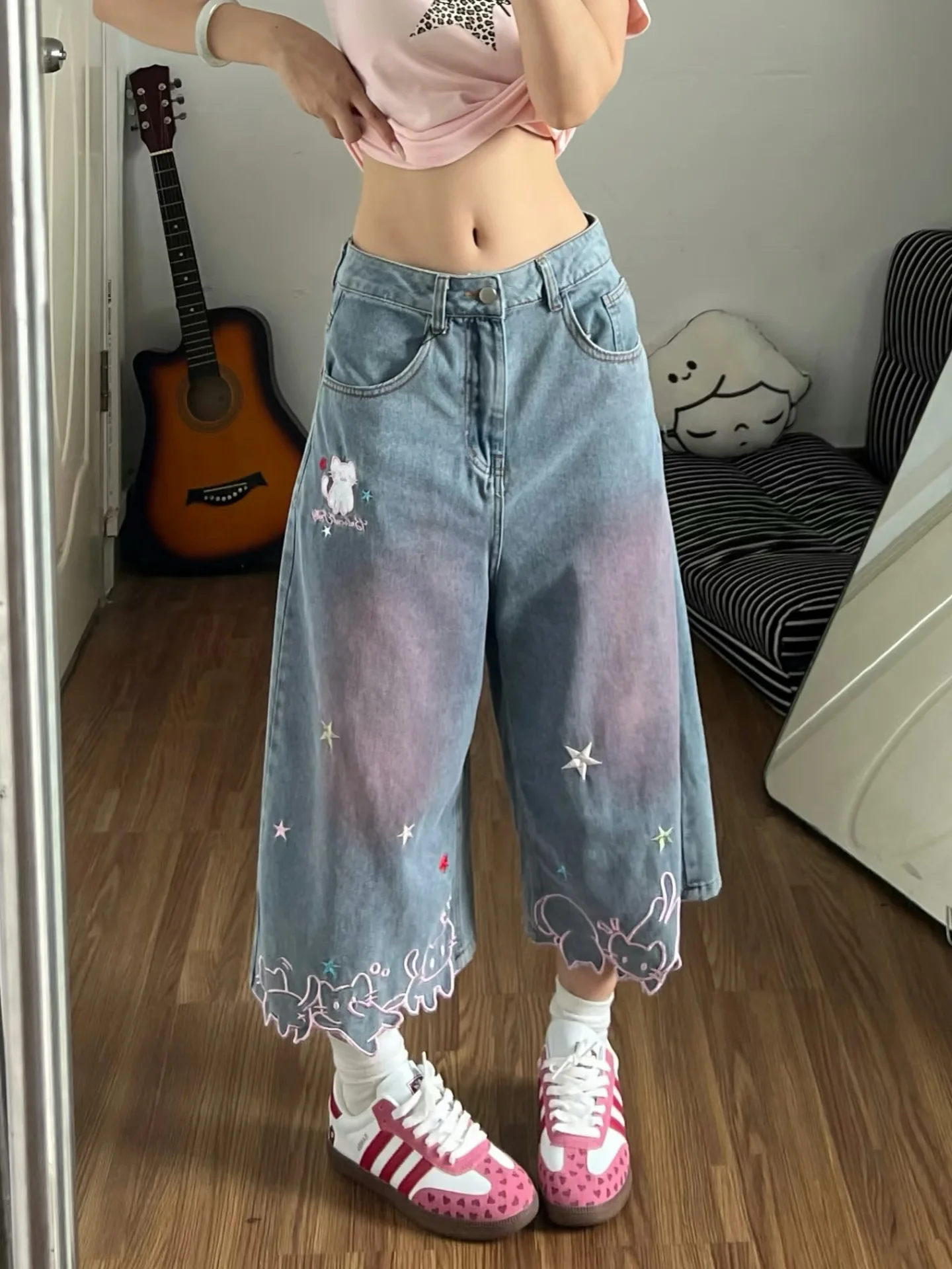 Women High Waist Cute Cartoon Cat Embroidery Jeans Girls Vintage Y2k Clothes Calf Length Denim Pants Harajuku Blue Streetwear