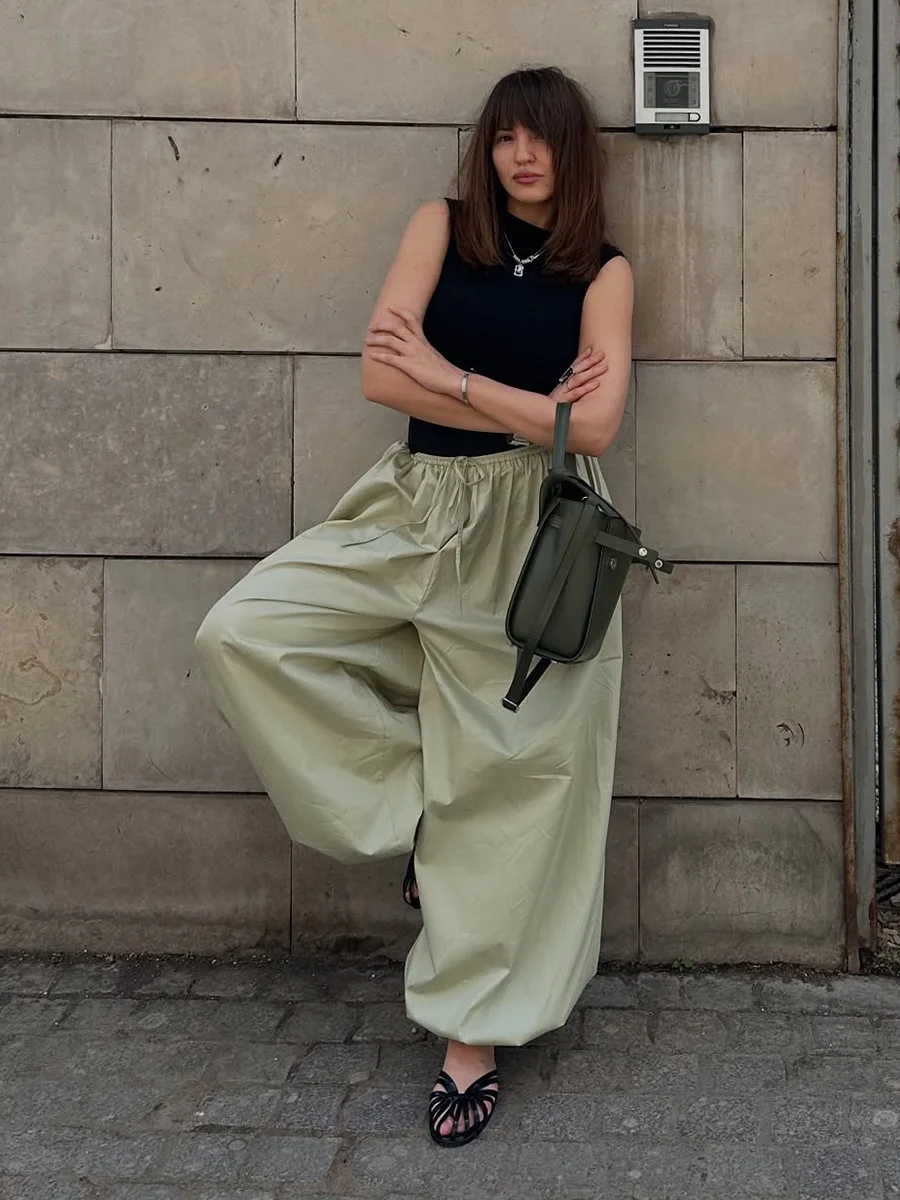 Talenza Summer Fashion Pocket Bloomers Female Trousers Pleated Loose High Waist Patchwork Bandage Streetwear Wide Leg Women Pant