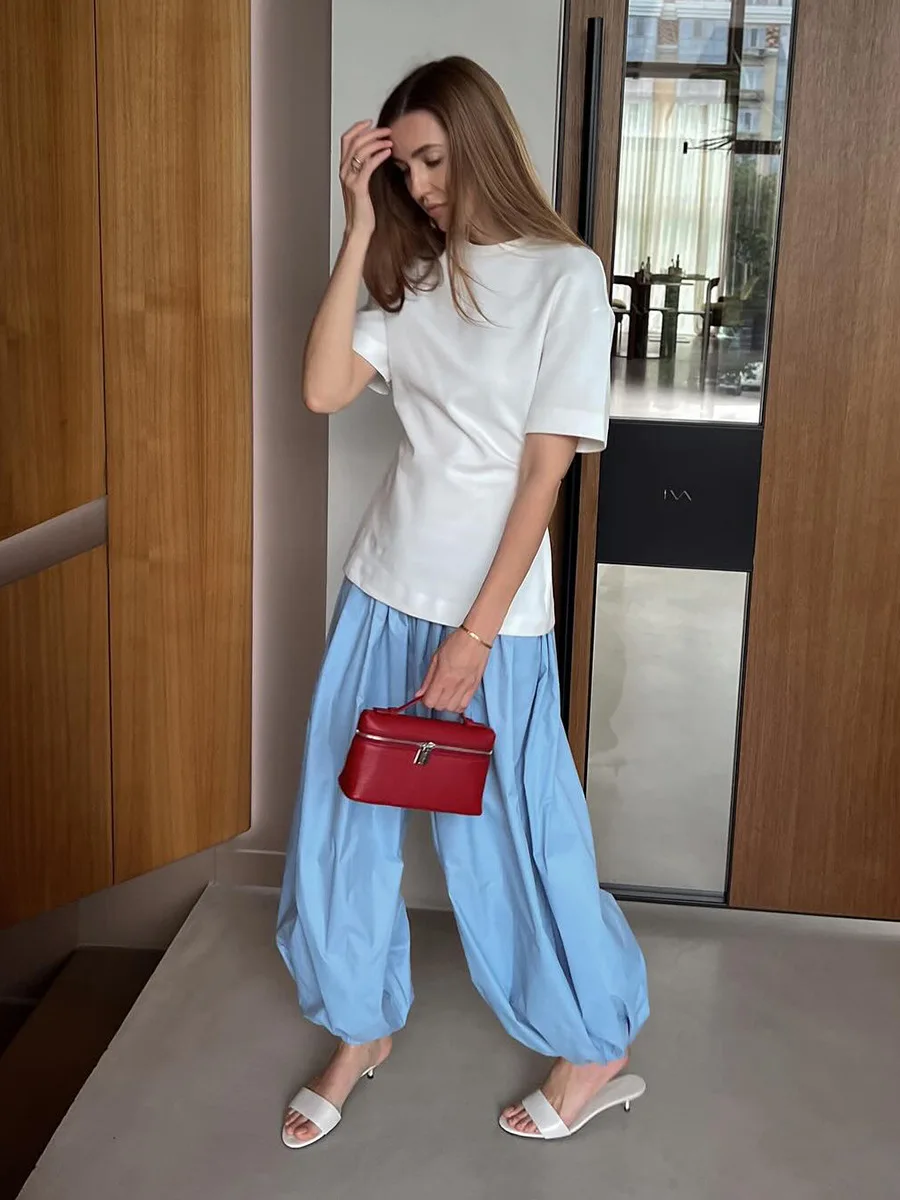 Talenza Summer Fashion Pocket Bloomers Female Trousers Pleated Loose High Waist Patchwork Bandage Streetwear Wide Leg Women Pant