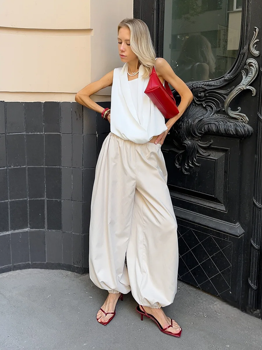 Talenza Summer Fashion Pocket Bloomers Female Trousers Pleated Loose High Waist Patchwork Bandage Streetwear Wide Leg Women Pant