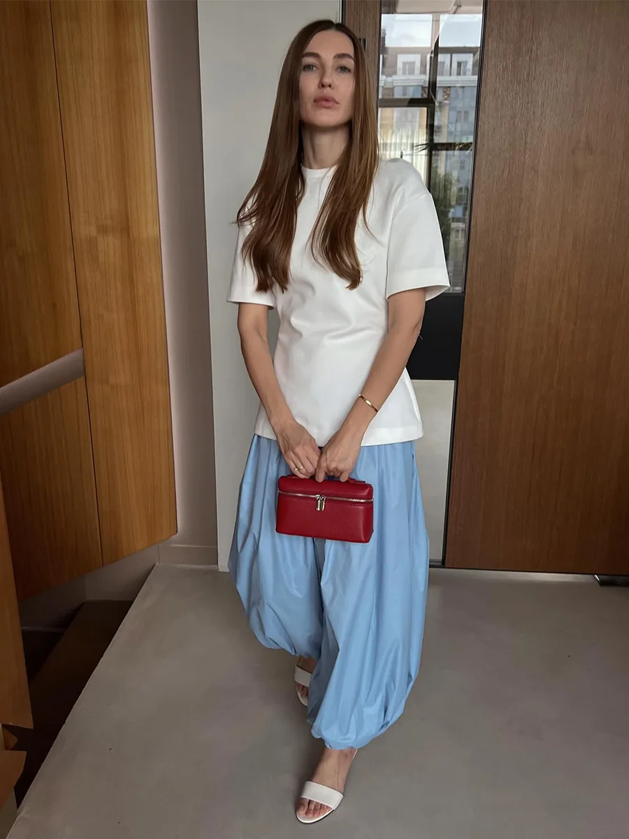 Talenza Summer Fashion Pocket Bloomers Female Trousers Pleated Loose High Waist Patchwork Bandage Streetwear Wide Leg Women Pant