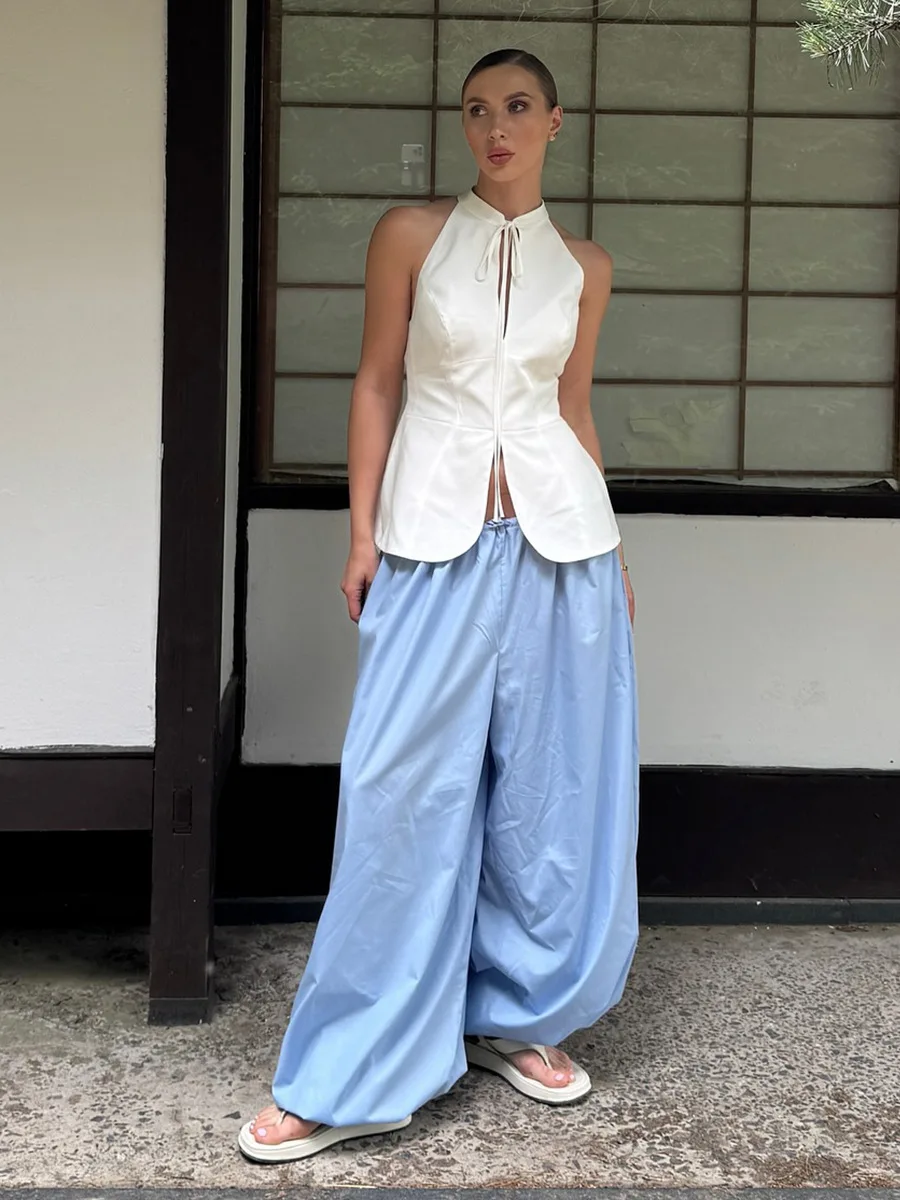 Talenza Summer Fashion Pocket Bloomers Female Trousers Pleated Loose High Waist Patchwork Bandage Streetwear Wide Leg Women Pant