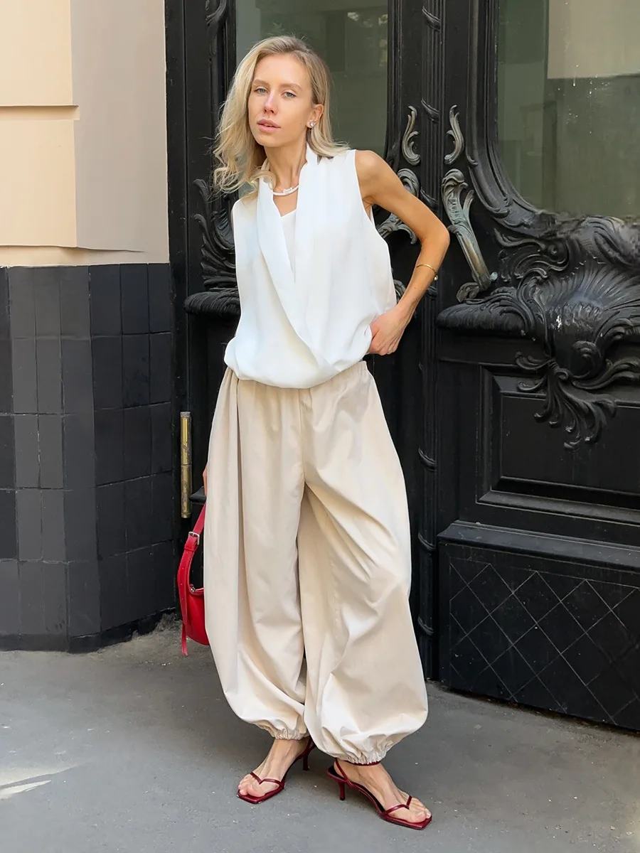 Talenza Summer Fashion Pocket Bloomers Female Trousers Pleated Loose High Waist Patchwork Bandage Streetwear Wide Leg Women Pant