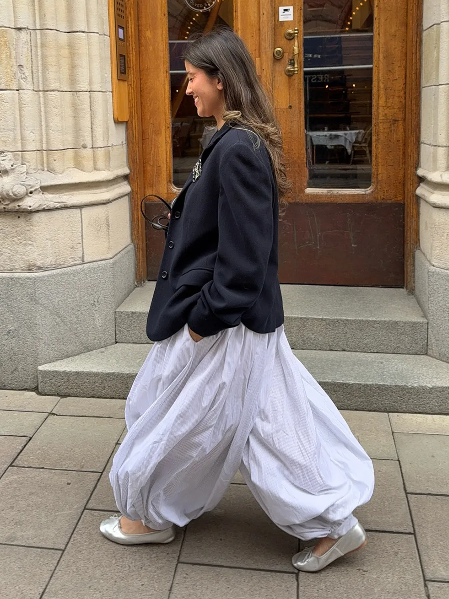 Talenza Summer Fashion Pocket Bloomers Female Trousers Pleated Loose High Waist Patchwork Bandage Streetwear Wide Leg Women Pant