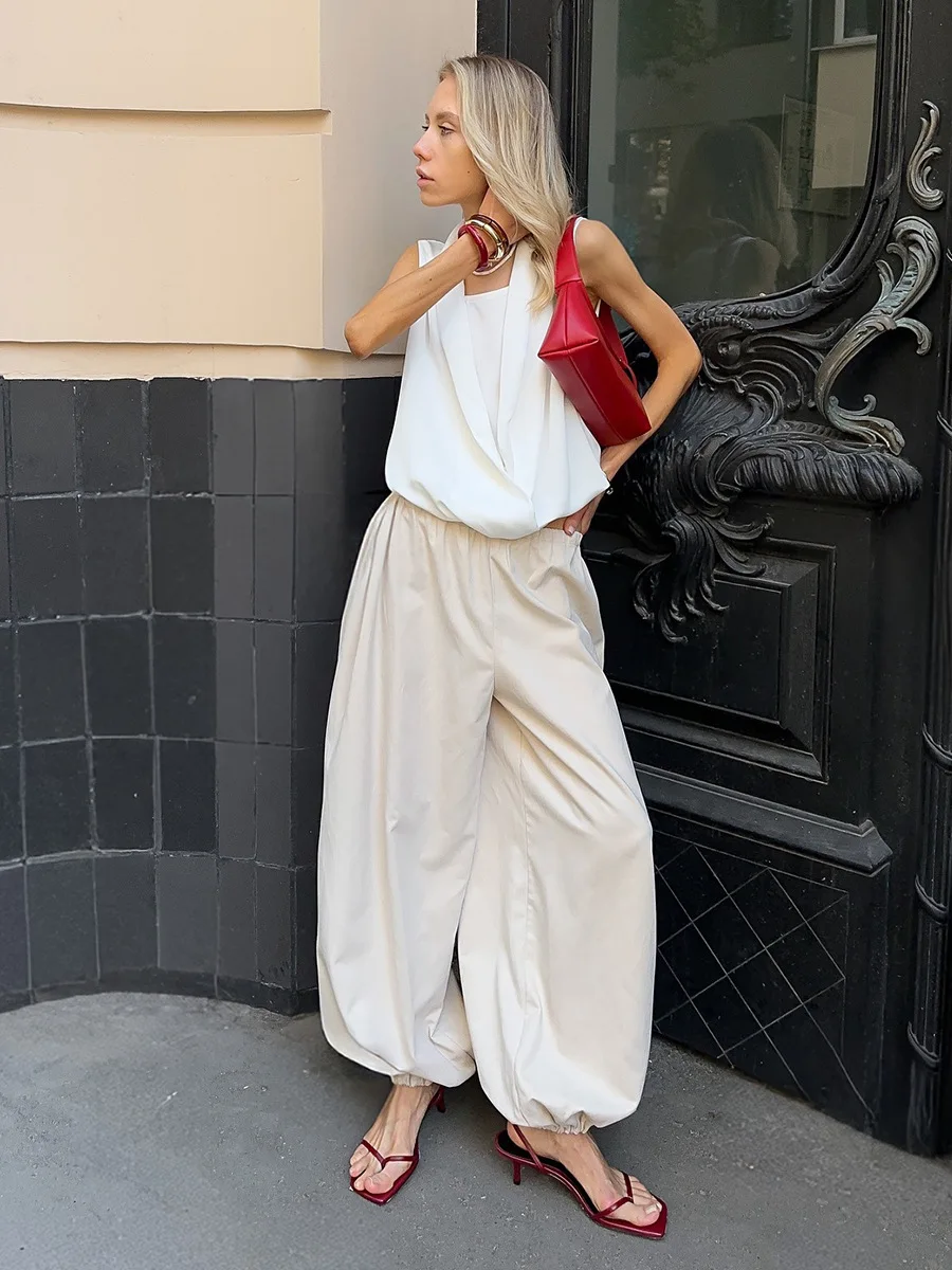 Talenza Summer Fashion Pocket Bloomers Female Trousers Pleated Loose High Waist Patchwork Bandage Streetwear Wide Leg Women Pant